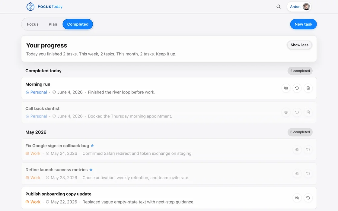 Completed tab on desktop showing tasks finished this month with important ones marked