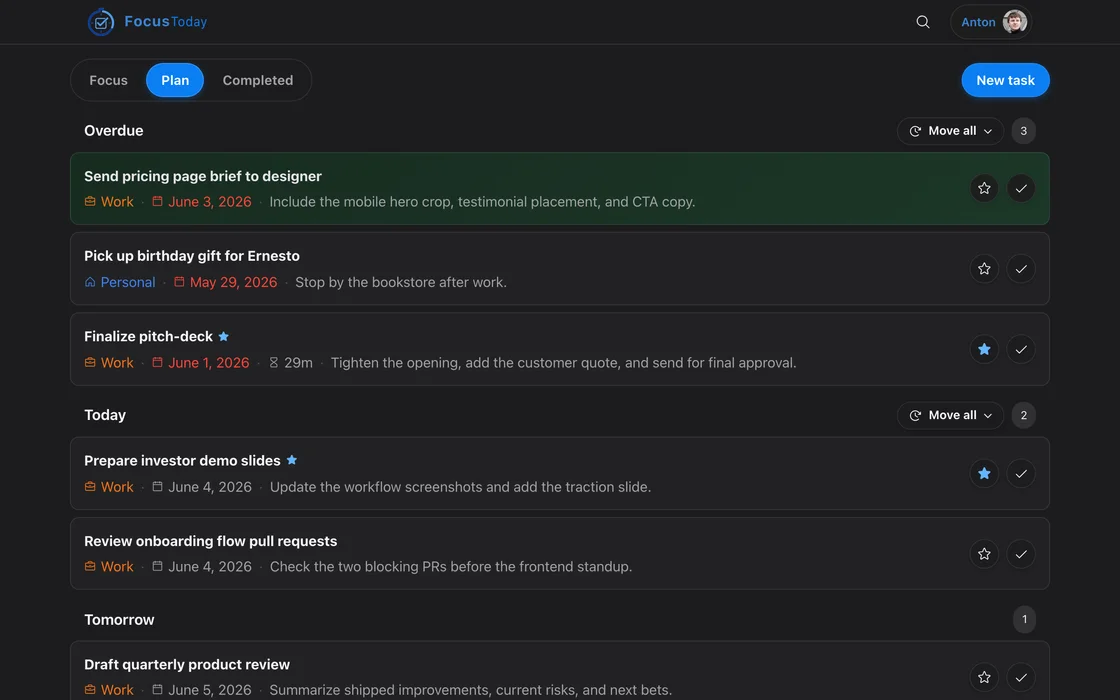 Plan tab on desktop showing tasks organised across time buckets
