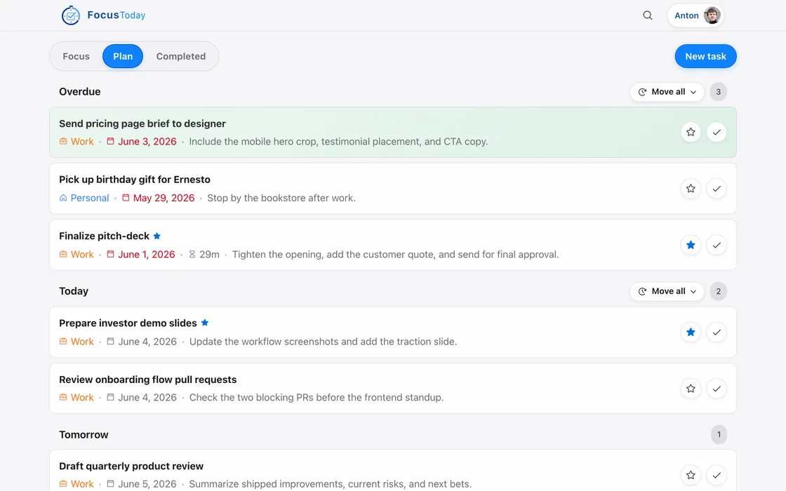 Plan tab on desktop showing tasks organised across time buckets
