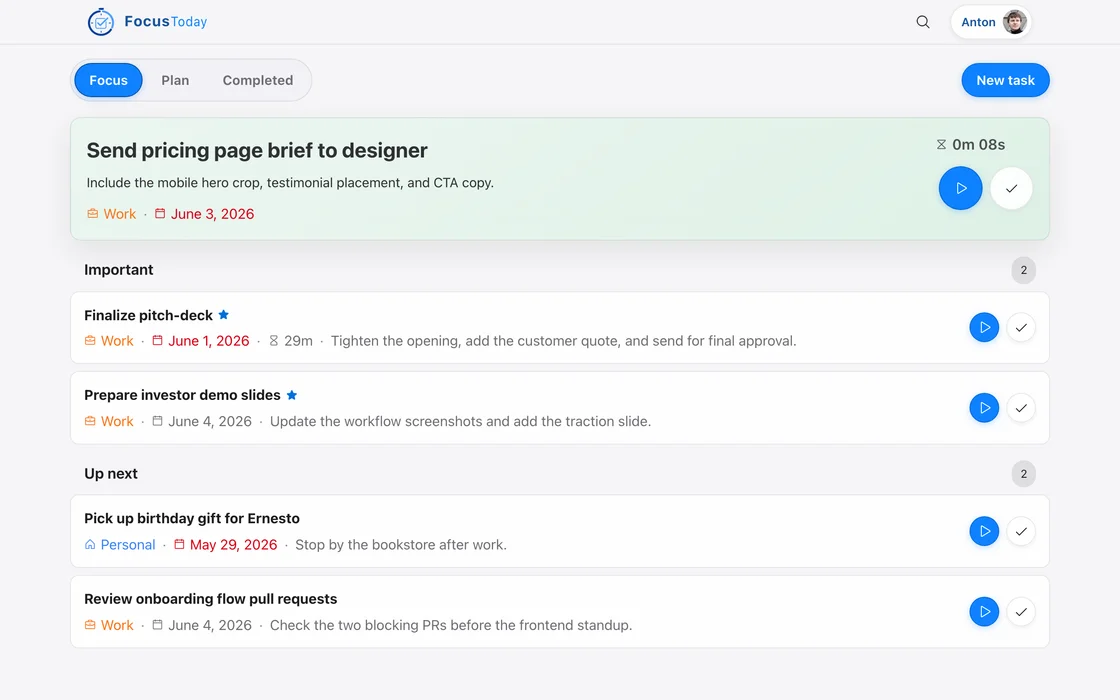 Today tab on desktop with an active task and a running timer