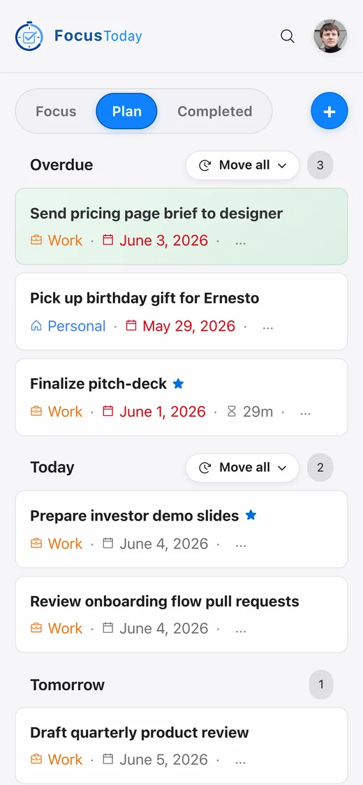 Plan tab showing tasks organized from overdue through upcoming