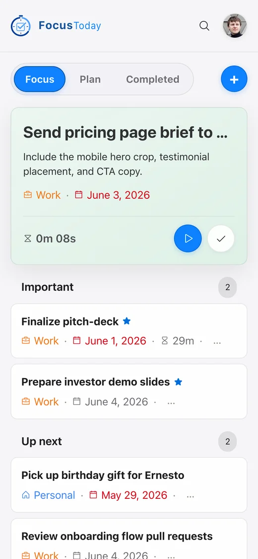 Today tab with an active task and a running timer